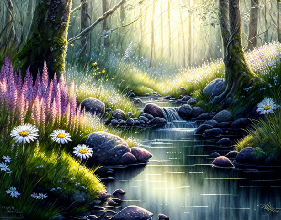 Tranquil forest stream with colorful flowers and dappled sunlight