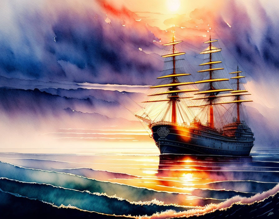 Colorful watercolor painting: tall ship at sea, sunset, sun's reflection, purple clouds.