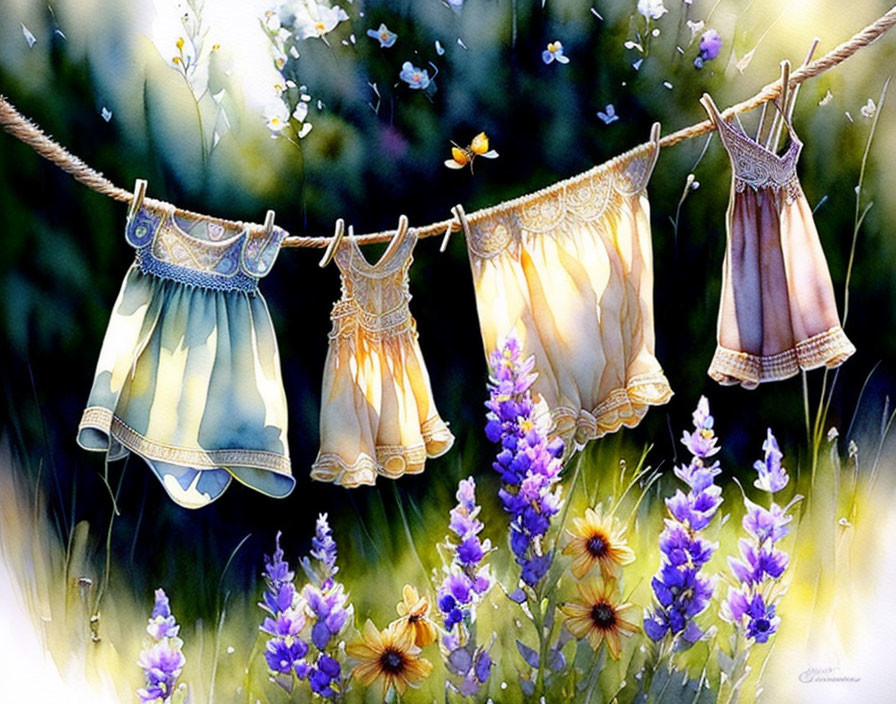 Three vintage dresses on clothesline above lavender flowers & butterflies in sunlit garden.