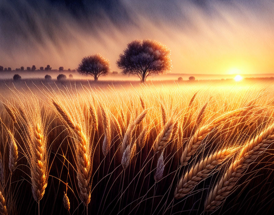 Ripe ears of wheat in golden field at sunrise