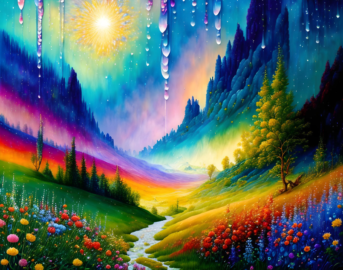 Colorful Flora and Starry Sky Fantasy Landscape