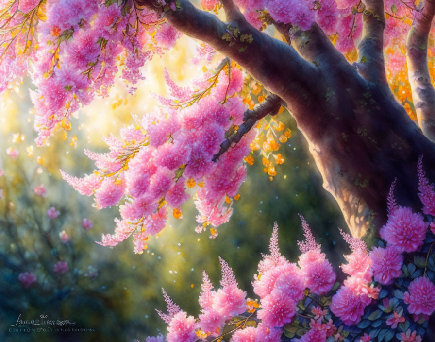 Lush tree with pink blossoms in dappled sunlight