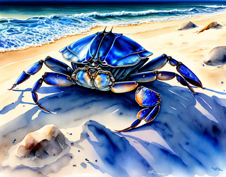 Colorful Blue Crab on Sandy Beach with Ocean Waves