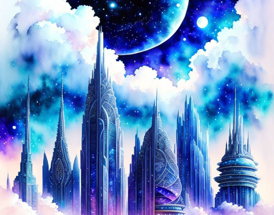 Alien city fantasy artwork with tall spires and starry sky