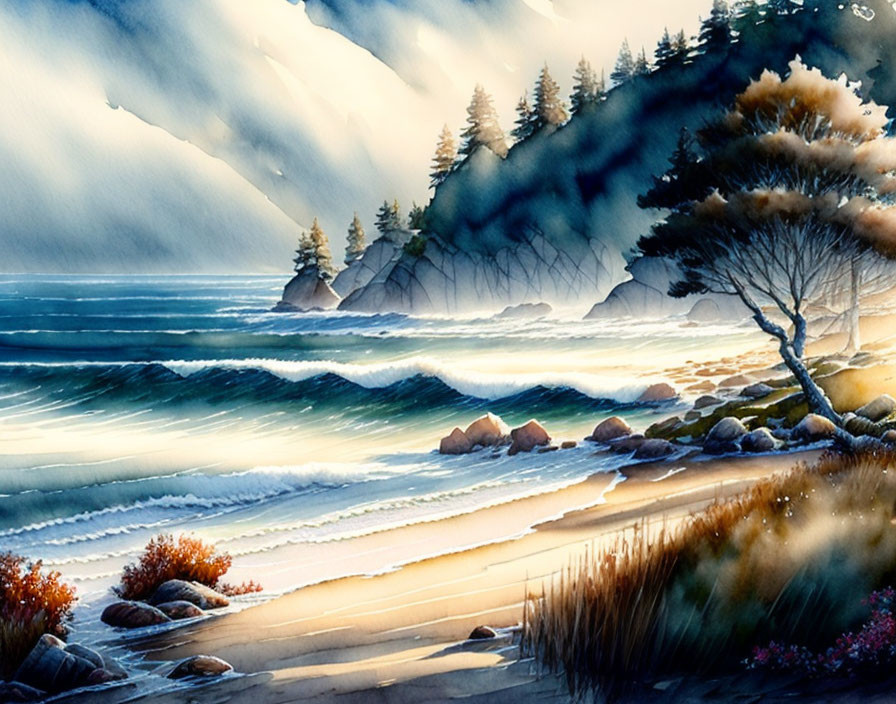 Tranquil coastal landscape with sunlit beach, misty cliffs, and pine trees