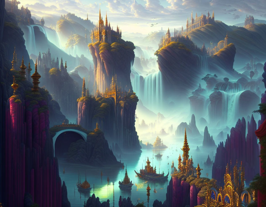 Fantastical landscape with violet spires, waterfalls, floating islands, and ornate ships under