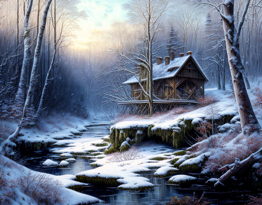 Snow-covered winter cottage by stream with frosty trees at sunrise