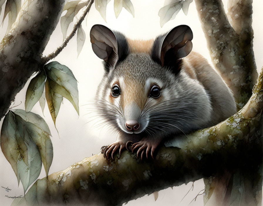 Realistic possum illustration on tree branch with large ears in detailed style