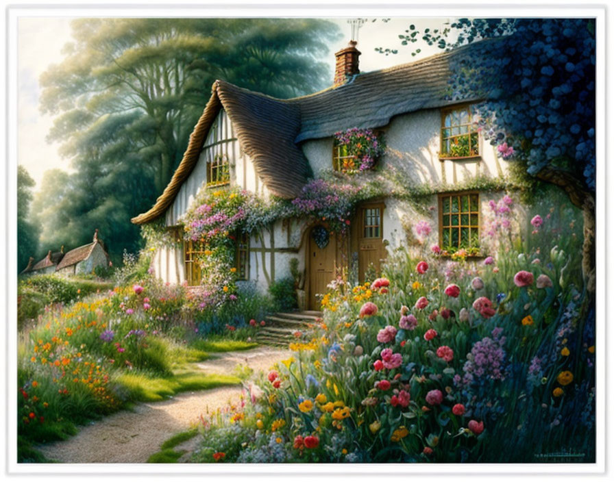 Thatched Cottage in Lush Garden with Blooming Flowers