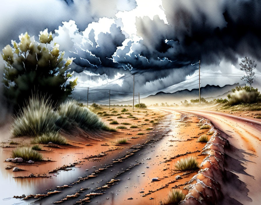 Dark Clouds Over Wet Desert Road with Golden Light