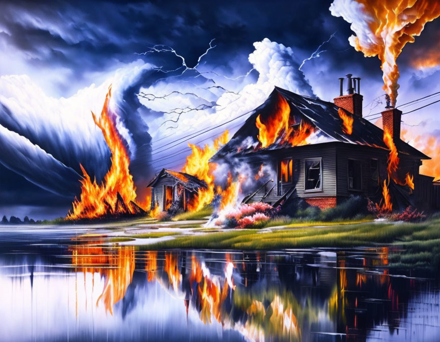 Stormy sky above two burning houses reflected in water