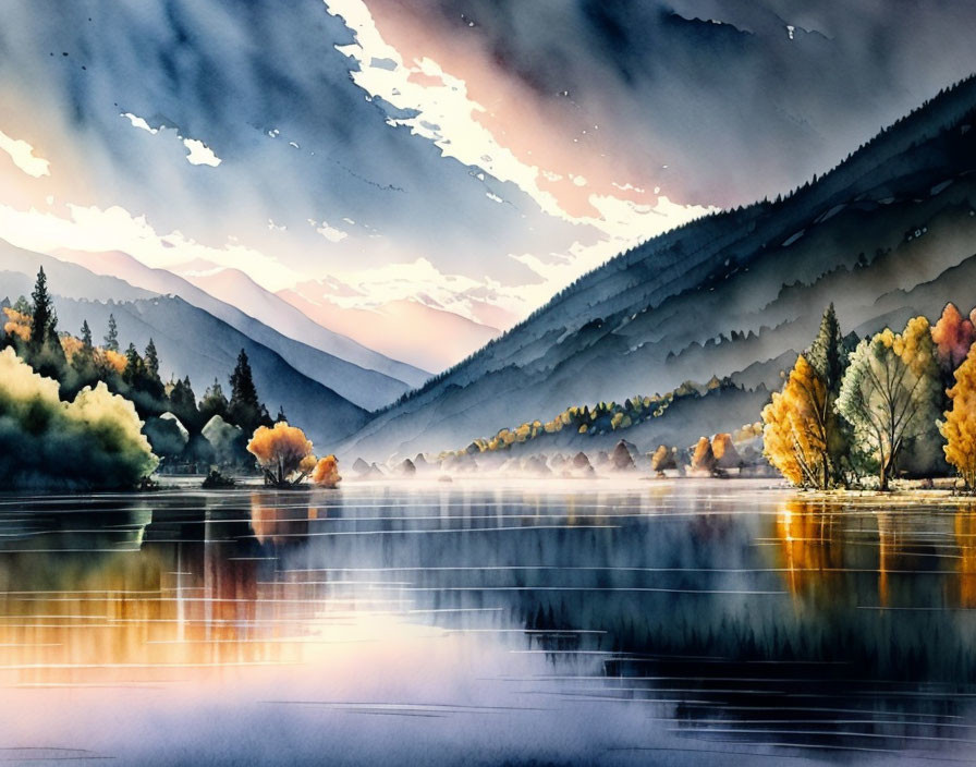 Misty lake watercolor landscape with autumn trees and mountains