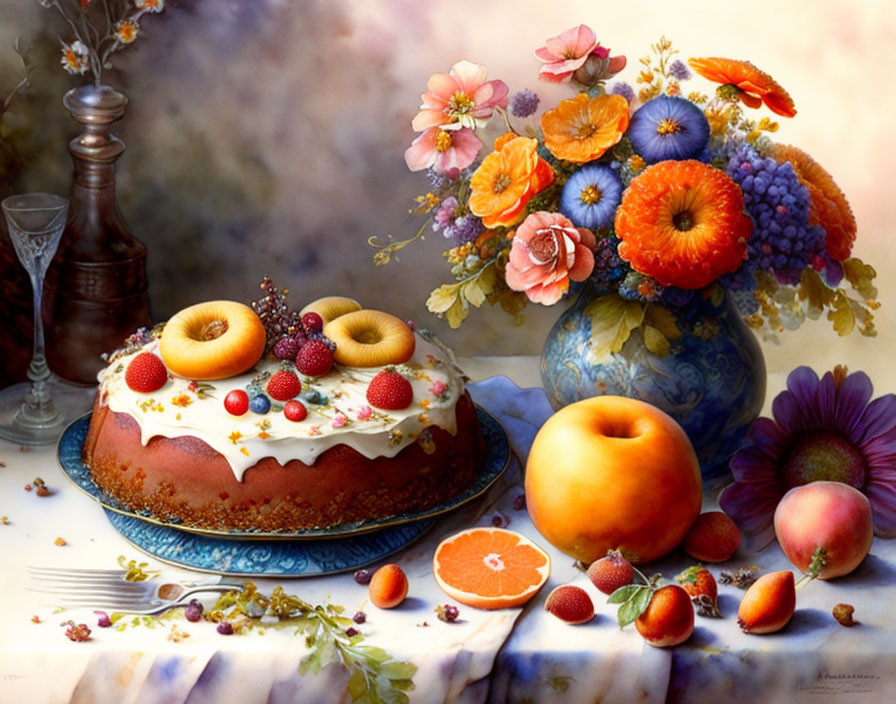 Colorful still life with fruit-topped cake, fresh fruits, flowers, glass, and candle holder