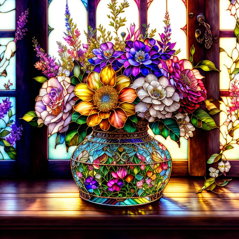 Colorful digital art: Flower vase with flowers by stained glass window