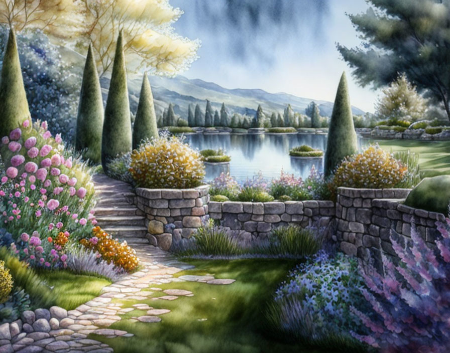 Tranquil garden scene with cobblestone path, vibrant flowers, pond, and rolling hills