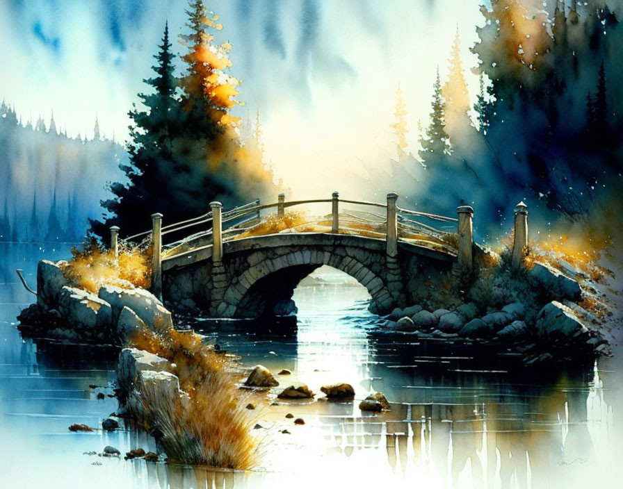 Tranquil watercolor: stone bridge, autumn trees, golden light