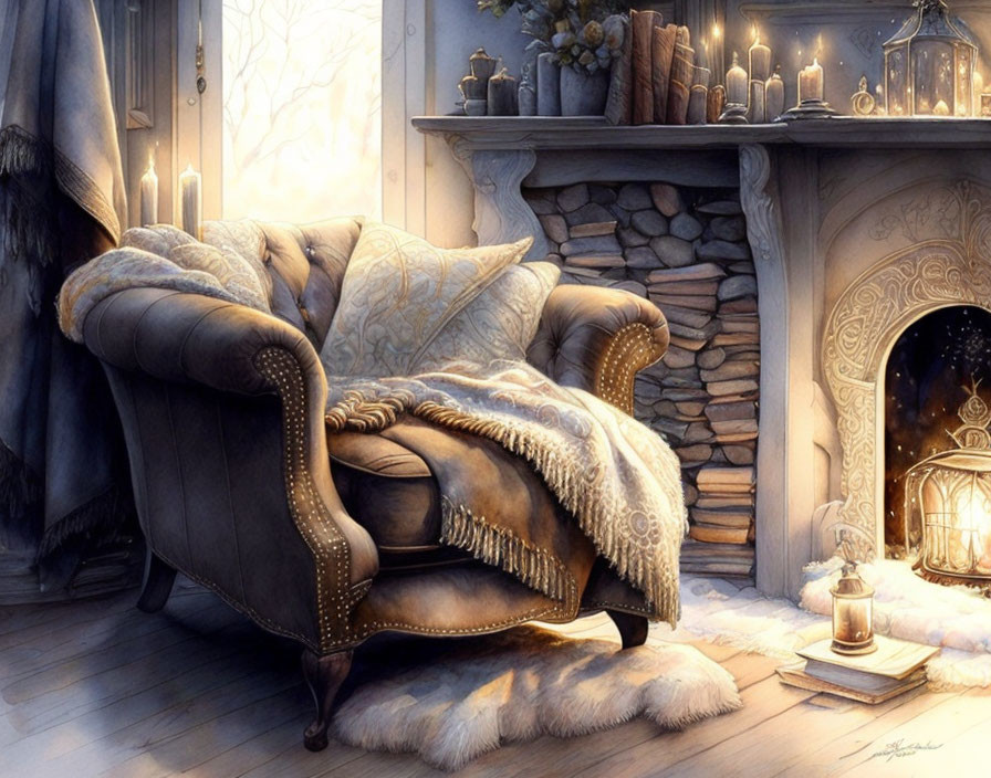 Room with armchair by stone fireplace, candles, fur throws, rugs, and lantern.