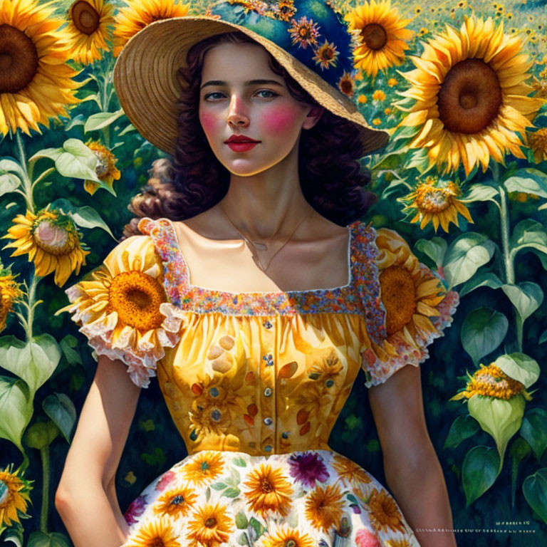 Woman in yellow sunflower dress and straw hat in sunflower field