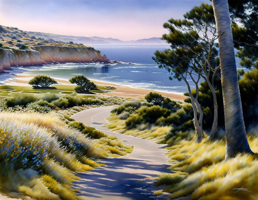 Coastal landscape painting: grassy dunes, blue sea, trees, cliffs