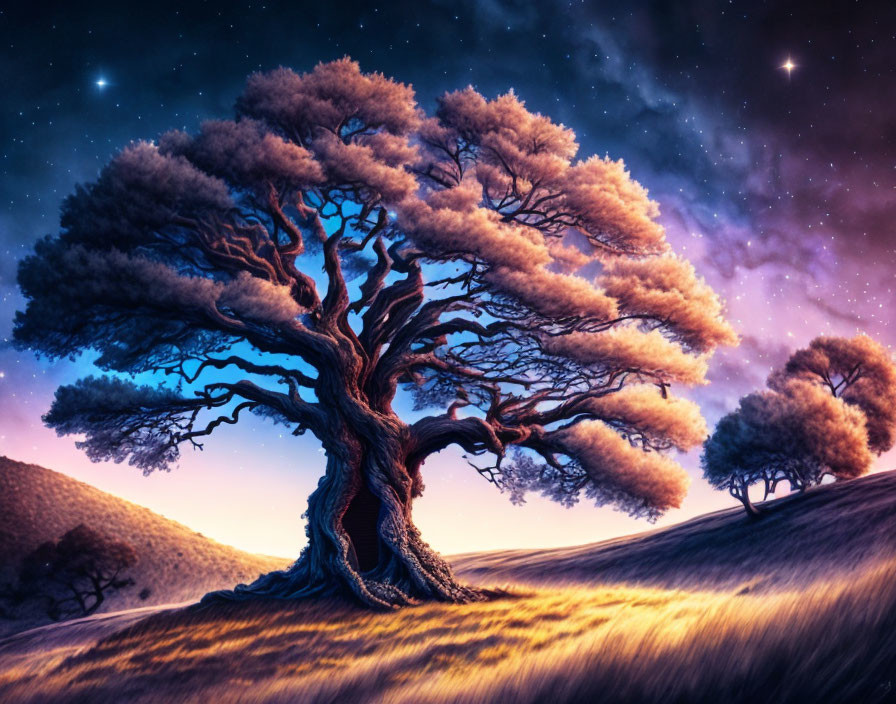 Twisted trunk tree under starry night sky with rolling hills