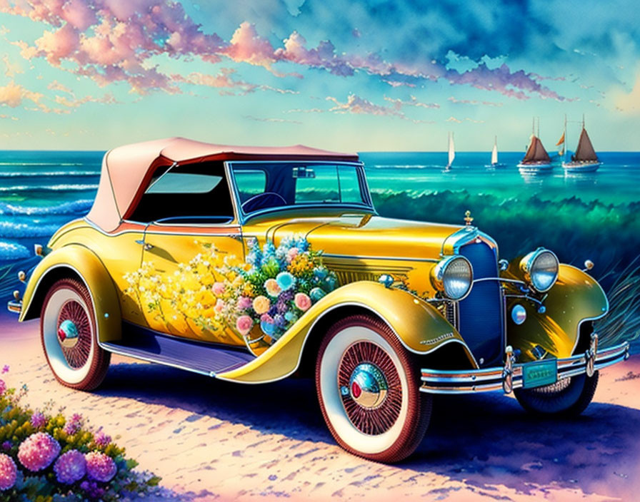 Yellow Convertible Car with Flowers by Blue Sea and Sailboats