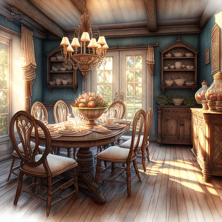 Cozy vintage dining room with wooden table, chairs, rustic cabinets, and natural sunlight