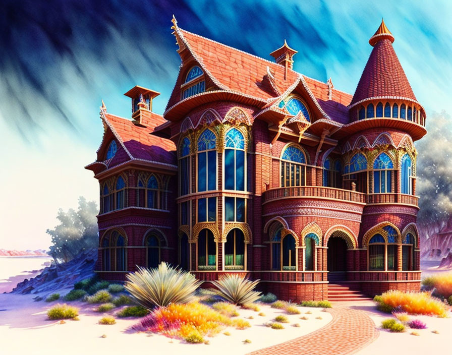 Ornate Victorian-style mansion illustration in desert setting