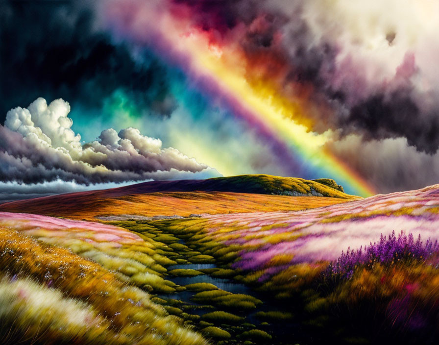 Colorful landscape with rolling hills and rainbow in stormy sky