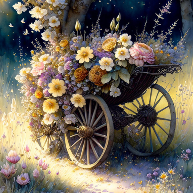 Wooden cart filled with vibrant flowers in mystical forest setting