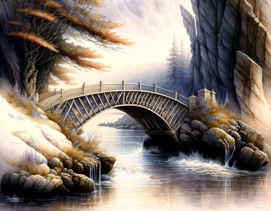 Tranquil river scene with arched bridge and misty landscape