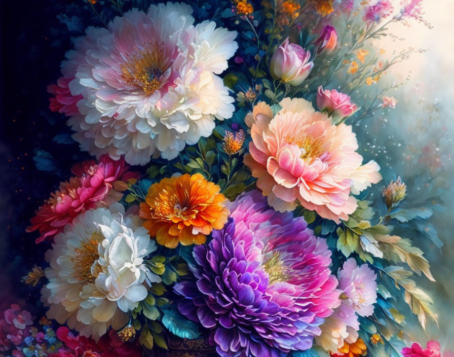 Colorful Peony Floral Painting in Pink, Orange, and Purple Hues