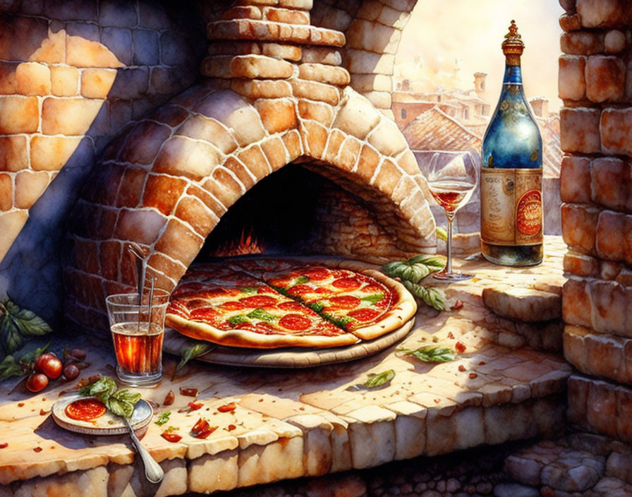 Rustic stone pizza oven with freshly baked pizza, wine bottle, glass, and ingredients