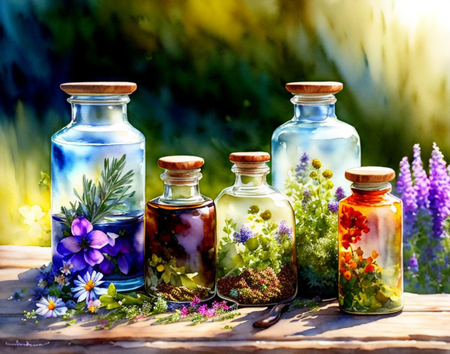 Vibrant painting: Five glass bottles with plants, sunlight, green bokeh.