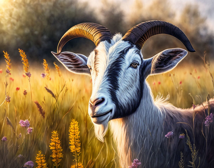 Prominent-horned goat in sunlit wildflower field