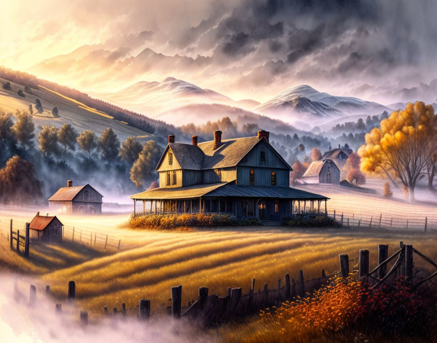 Tranquil dawn landscape with two-story house, rolling hills, misty mountains, and golden light