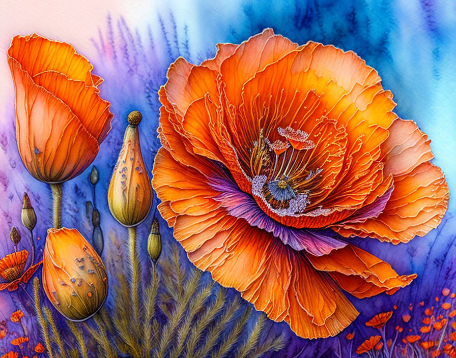 Colorful orange poppy painting with delicate petals and dreamy watercolor effect