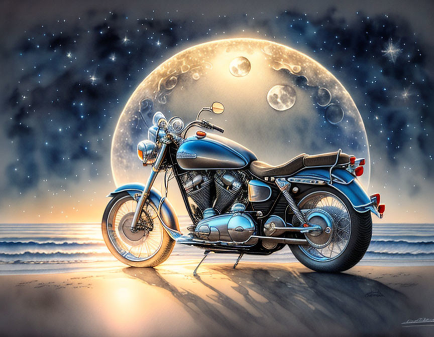 Vintage motorcycle on beach with moon, stars, and planets in surreal sky