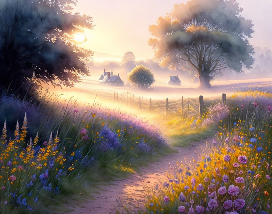 Rural sunrise landscape with path, wildflowers, wooden fence, trees, houses