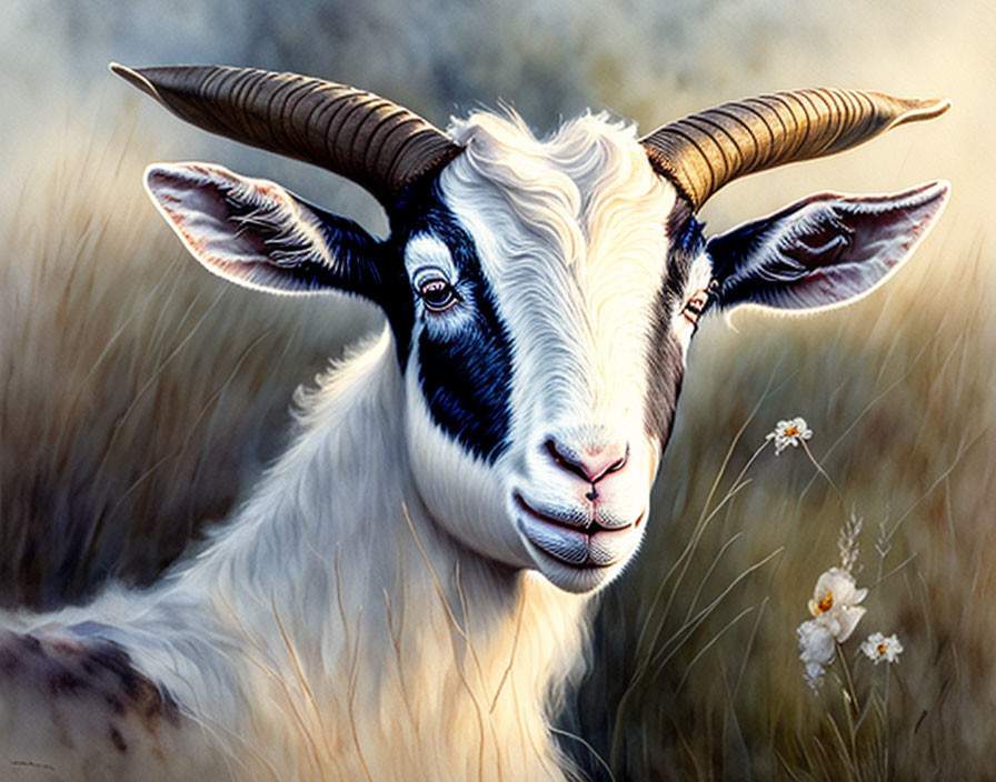 Detailed Illustration: White Goat with Prominent Horns in Field with Flowers