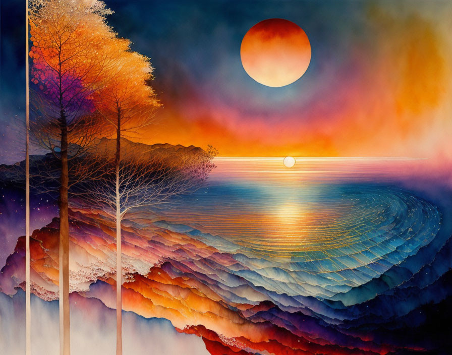 Vibrant surreal landscape painting with colorful trees, setting sun, textured sea, and vibrant sky.