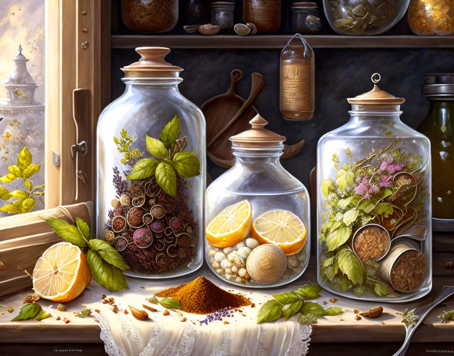 Rustic kitchen scene with transparent jars, herbs, spices, citrus slices, wooden utensils,