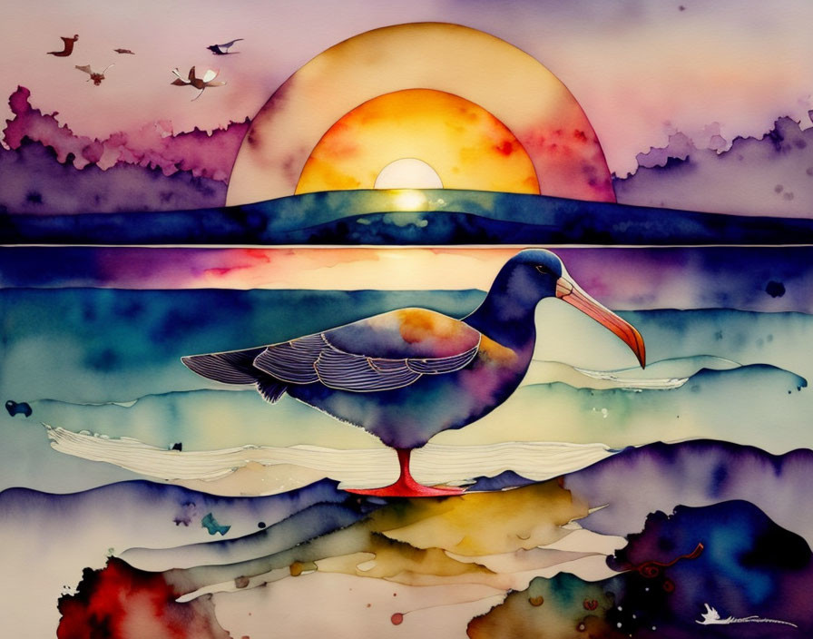 Vibrant watercolor painting of bird with reflection at sunset