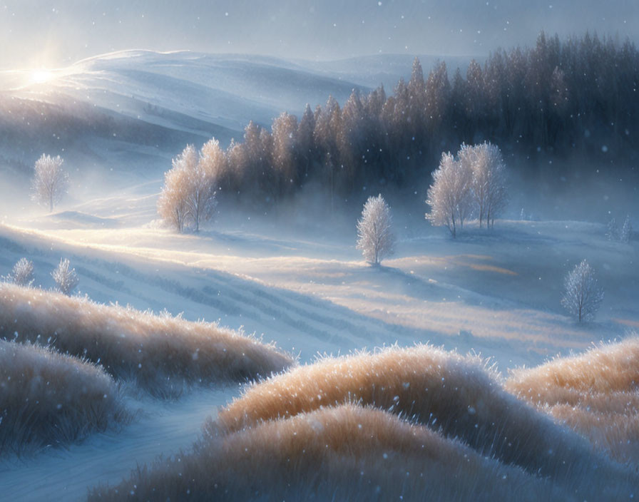 Snow-covered hills and frost-dusted trees in serene winter sunrise scene