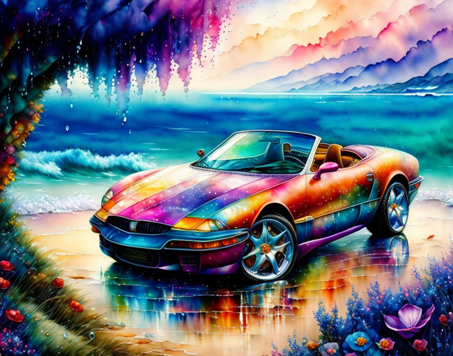 Colorful Sports Car Parked by Mystical Forest and Twilight Sky