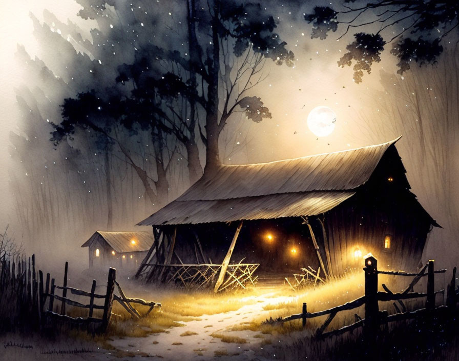 Moonlit countryside scene with old barn and illuminated path