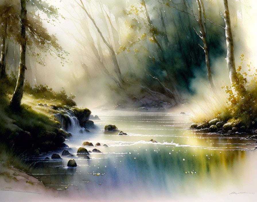 Tranquil watercolor: misty forest, stream, sunbeams, rocks