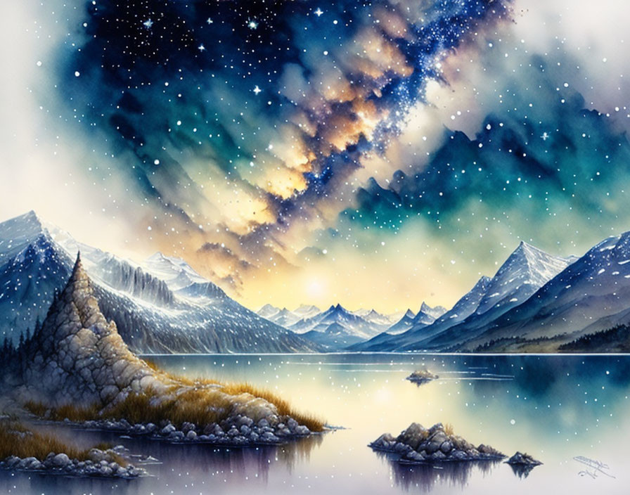 Snowy mountains under starry night sky with reflective lake