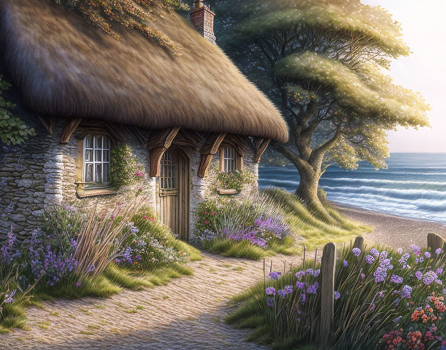 Thatched seaside cottage with blossoming flowers and ocean views