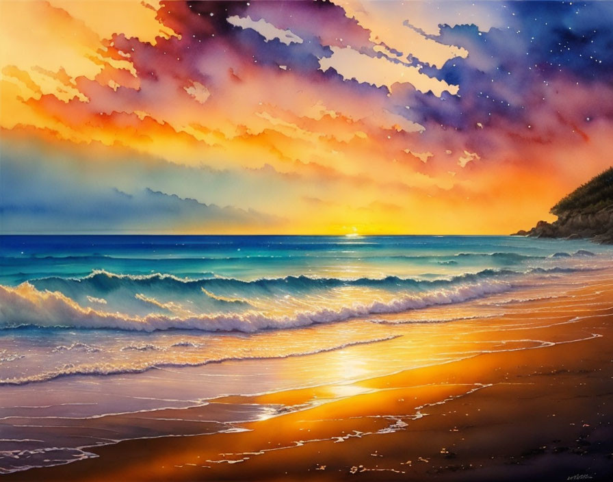 Colorful sunset painting with purple and orange clouds over calm sea and sandy shore