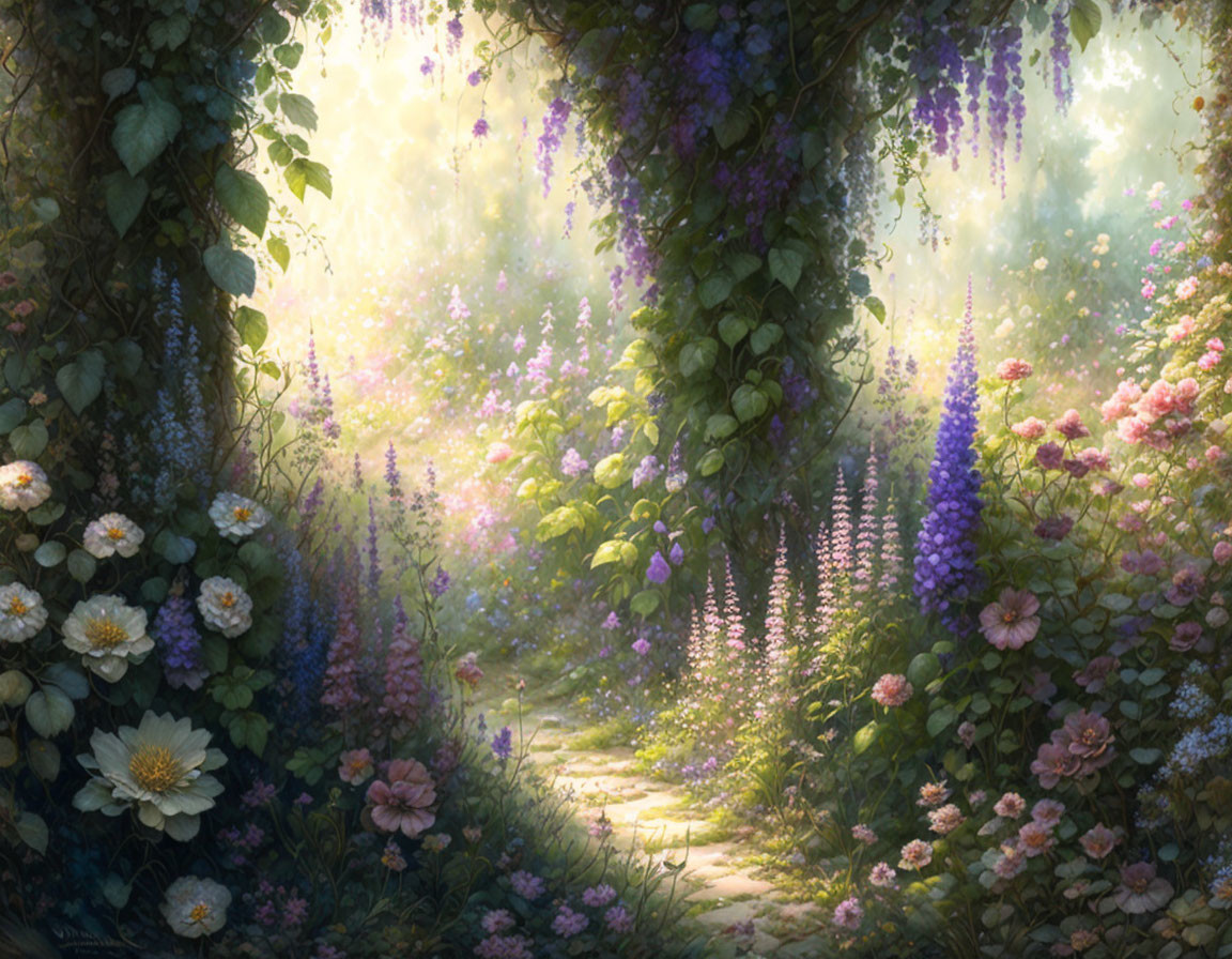 Lush garden path with purple wisteria and sunlight filtering through foliage